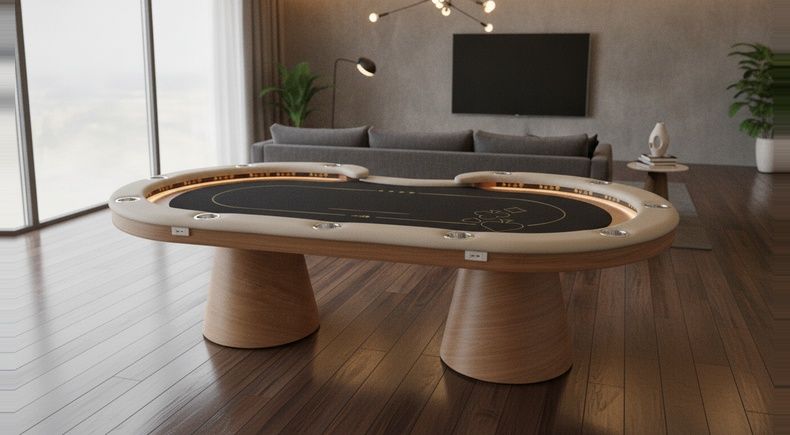 Mesa de Poker Oval 12 Lugares com LED Branco, USB C e Pista Freijó - Pro45